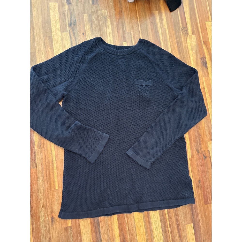 H&M Waffle Knit Sweater Mens Medium Navy Blue Excellent Raglan Pocket Pullover